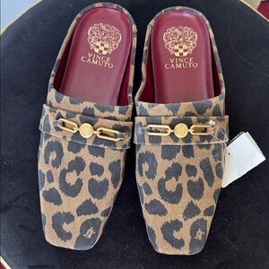 Vince Camuto Tan and Black Leopard Print Mules